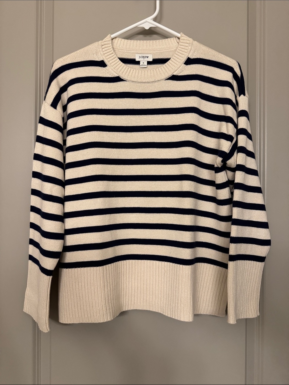 J. Crew Cream & Navy Striped Crewneck Sweater Size Small 100% Cotton